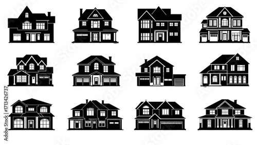House Silhouettes Grid with Reflection – Modern and Traditional Architecture Illustration