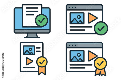Digital asset verification icon set. Content validation. Approval symbol. Web document check. Multimedia quality guarantee. Certified media award. Online asset validation icons.