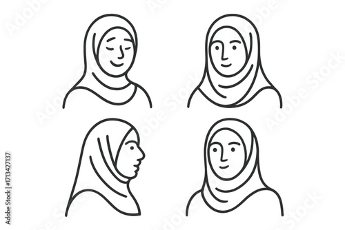 Set of Muslim woman in hijab line art icons. Minimalist vector portraits of diverse Arabic women. Avatars for business, community, and social media. Islamic culture concepts.