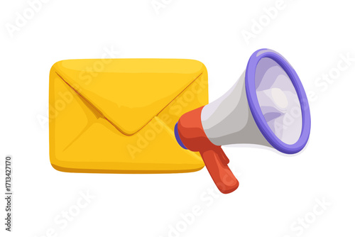 3D mail envelope with a megaphone. Subscribe to newsletter and email marketing concept. Business promotion, announcement, and advertising metaphor. Vector cartoon illustration.