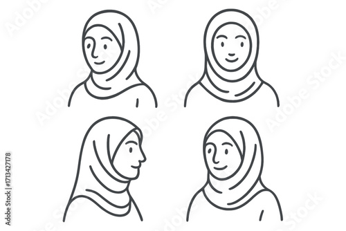 Muslim woman in hijab vector icon set. Minimalist line art portraits of arab female characters. Islamic headscarf girl avatar collection. Simple outline people illustration.