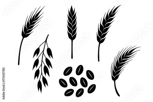 Wheat ears and oats silhouette icon set. Black vector graphic collection of grain, rye, and barley. Cereal plant illustration for agriculture, farm, or bakery logo design.