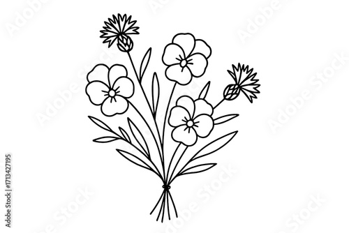 Wildflower bouquet line art with pansies & cornflowers. Minimalist floral doodle icon. Botanical flower sketch for logo, wedding invitation, or elegant design element. Vector.