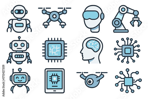 Futuristic technology icon set. Collection of vector symbols for AI, artificial intelligence, robot, drone, cyborg, and machine learning. Robotics, automation and innovation concept.