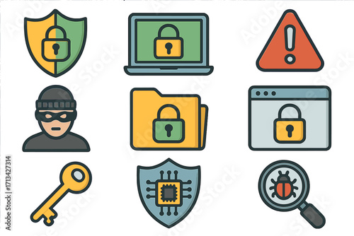 Cybersecurity icon collection for data protection and risk management. Internet security, privacy, and safety concepts. Hacker, virus, malware, and cybercrime threat symbols.