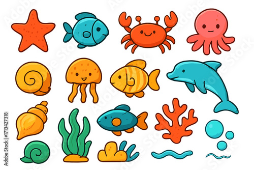 Cute sea animals icon set. Marine life collection with fish, crab, octopus, dolphin, starfish, shell, jellyfish, coral. Cartoon vector illustration for kids and creative design.