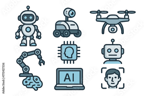 Futuristic technology icon set. Robots, drones, and artificial intelligence concepts. Vector collection of AI, machine learning, automation, robotic arm, and face recognition symbols.