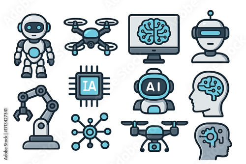 Artificial intelligence icon set. Vector symbols of future technology, robot, drone, cyborg, machine learning, automation, robotics, AI, virtual reality, and neural network.