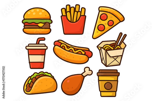 Colorful fast food icon set. Cartoon vector graphics of popular takeout meals: hamburger, pizza, french fries, hot dog, taco, noodles, chicken. Isolated for menu design.