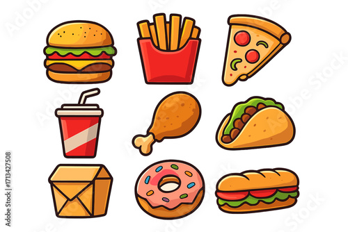 Fast food icons set. Modern cartoon collection of popular takeout meals. Junk food vector illustration. Burger, pizza, fries, chicken, taco, donut, sub sandwich, soda.