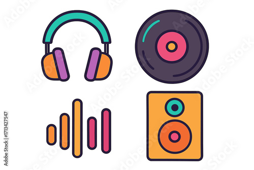 Music icon set vector. Colorful flat cartoon illustration of headphones, vinyl record, speaker, audio wave. Sound, media, playlist, dj, radio, podcast, studio concept.