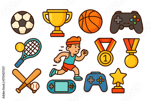 Sports and gaming icon set. Cartoon vector collection with soccer, basketball, runner, tennis, baseball elements. Includes game controller, joystick, trophy, and medal awards.