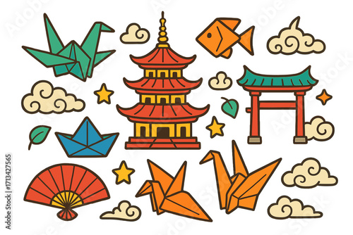 Japanese culture symbols set. Vector collection of traditional Japan icons. Origami crane, paper boat, fish, pagoda, torii gate, fan. Asian travel cartoon sticker pack.