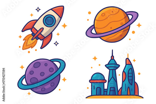 Space exploration icon set. Vector cartoon illustration collection. Rocket ship launch, futuristic city colony, saturn and planets. Galaxy travel stickers for kids design.