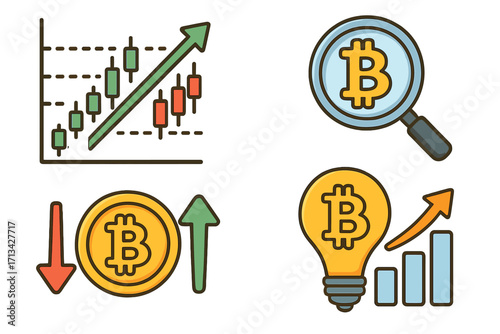 Cryptocurrency trend and analysis icon set. Bitcoin investment opportunity and market fluctuation symbols. Vector crypto trading chart, research, volatility, and idea icons.