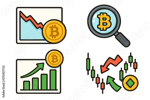 Cryptocurrency trading icon set. Bitcoin investment analysis, stock market chart, financial growth graph, crypto exchange candle stick. Digital currency fluctuation vector.