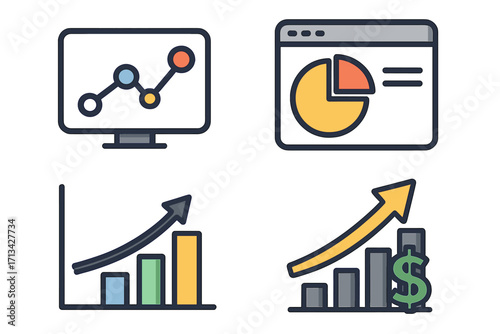 Data analysis icon set vector. Business analytics symbols. Financial growth chart, graph, diagram. Marketing report metrics, digital dashboard. Statistic, trend, profit.