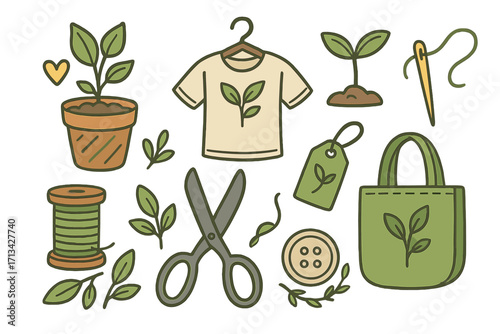 Sustainable fashion icon set. Eco friendly clothing, sewing tools, natural plant elements. Vector illustration for slow fashion, ethical production, and organic textile concepts.