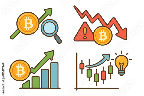 Bitcoin crypto trading vector icon set. Market analysis, investment opportunity, financial trends. Price growth bar chart, decline risk warning. Candlestick graph, trading idea.