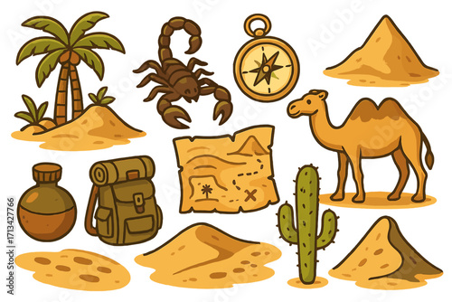 Desert adventure icon set with cartoon vector elements. Includes camel, scorpion, palm tree, cactus, treasure map, compass, backpack, and sand dunes for exploration or travel.