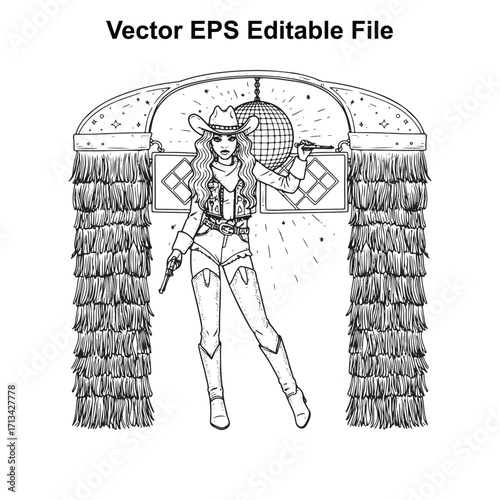 Vector art of cowgirl in western outfit holding gun, disco ball