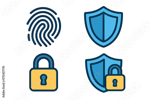 Cybersecurity and data protection vector icon set. Includes fingerprint for biometric authentication, shield for safety, and padlock for secure access. Privacy and safety concept.