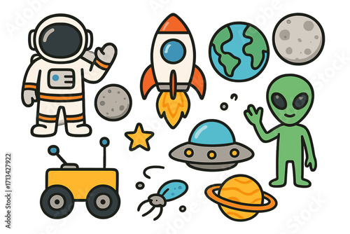 Space exploration icon set. Cartoon vector collection with astronaut, alien, rocket ship, UFO, planets, Earth, Moon, and rover. Cute cosmic graphic elements for kids.