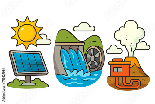 Renewable energy sources icon set with solar, hydro, and geothermal power. Green electricity generation from sun, water, and heat. Vector cartoon graphic illustration concept.
