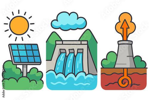 Renewable energy sources icon set. Solar power panel, hydroelectric dam, and geothermal plant illustration. Green energy concept vector graphic. Sustainable electricity generation.