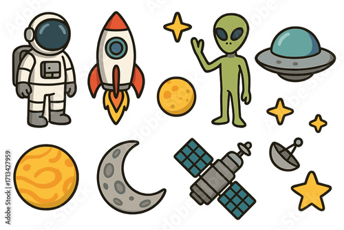 Space icon set vector cartoon collection. Cute astronaut, alien, rocket, UFO, planet, satellite clip art. Galaxy exploration elements for kids. Flat design astronomy symbols.
