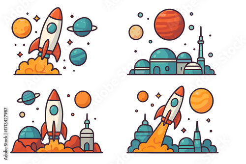 Space exploration vector icon set. Cartoon rocket launch, futuristic alien planet settlement and galaxy travel illustrations. Spaceship flying to cosmos. Sci-fi colony design.
