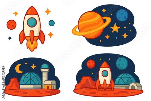 Space exploration cartoon sticker set. Vector rocket launch, planets, stars. Futuristic Mars colony base illustration. Spaceship on an alien planet. Cosmos adventure icons.