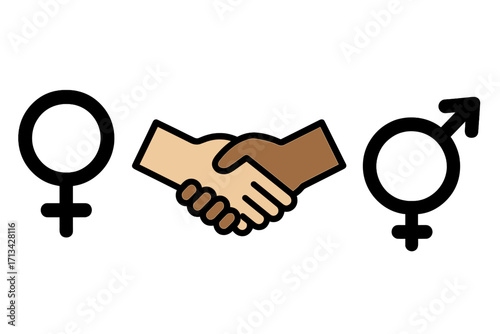 Gender equality and racial diversity concept. Male and female symbols with multiracial handshake. Partnership, agreement, and cooperation icon. Vector illustration of equity.