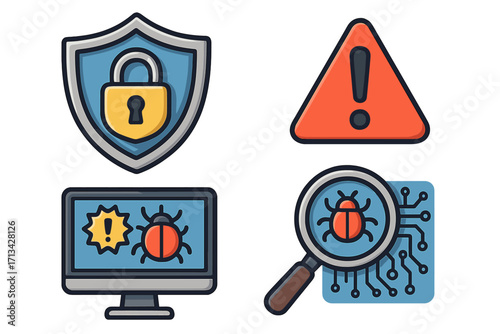Cybersecurity icon set for virus protection and malware detection. Vector concepts of security shield, computer bug, warning sign, and vulnerability scan for digital safety.