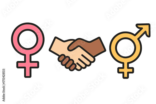 Gender equality concept with male and female symbols. Interracial handshake signifies cooperation, partnership, racial diversity and agreement. Equal rights for men and women.