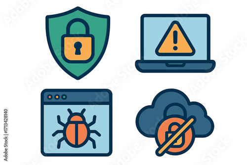 Cybersecurity icon set for data protection and threat concepts. Vector illustrations of shield, lock, laptop warning, computer bug virus and insecure cloud access vulnerability.