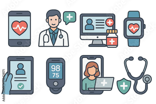 Telemedicine icon set for online doctor consultation and digital health. E-health, m-health, patient care, and virtual medical diagnostics. Modern healthcare vector symbols.