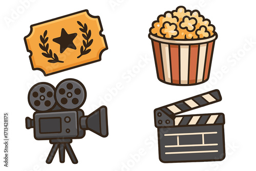 Cinema and movie production icon set. Vector cartoon illustration of film festival elements. Includes vintage movie camera, popcorn, admission ticket, and clapperboard.
