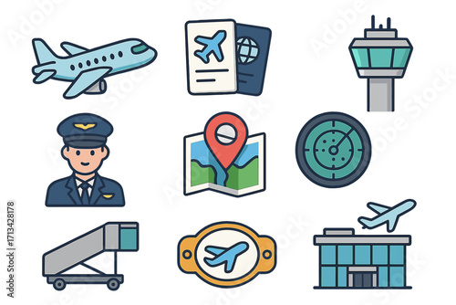 Air travel and aviation icon set. Airport element collection with airplane, pilot, passport, ticket, control tower, radar, and navigation map. Vector line art illustration.