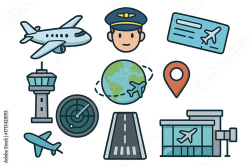 Air travel and aviation icon set. Vector cartoon elements for flight and airport concepts. Pilot, plane, ticket, radar, control tower, runway, and terminal illustrations.