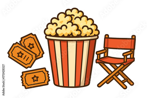 Movie theater elements set with popcorn, film tickets, and director's chair. Cinema night essentials for entertainment and film industry concepts. Vector cartoon graphic design.