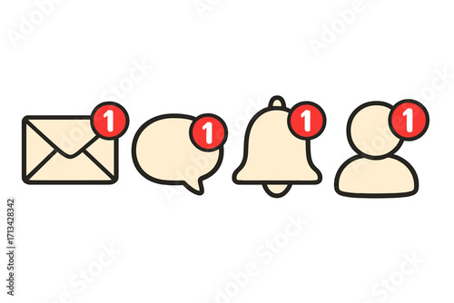 Notification icons vector set. Email, chat message, alert bell, new friend request symbols. Social media app user interface elements. Online communication concept. Unread message counter.