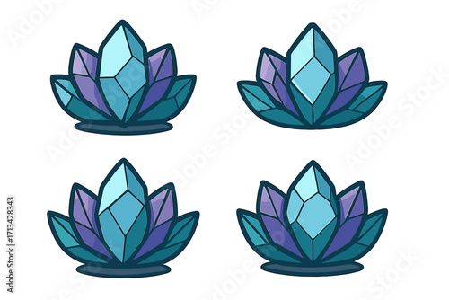 Crystal lotus jewel vector logo set. Geometric flower gemstone icon collection. Esoteric, spiritual symbol for cosmetics, spa, or yoga studio. Magic healing crystal.