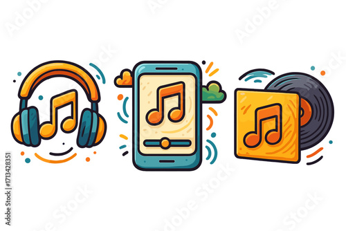 Music icon set for listening, streaming, and entertainment. Vector cartoon illustration of headphones, smartphone player app, and vinyl record. Audio, sound, melody concept.
