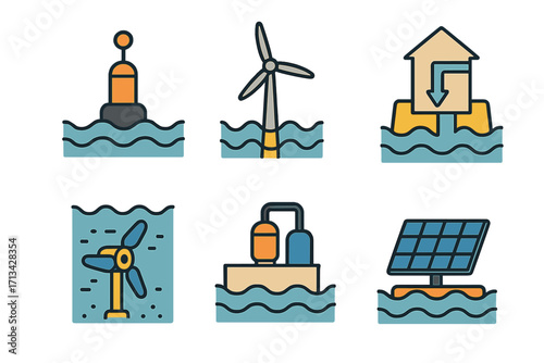 Renewable marine energy icon set. Sustainable ocean power sources. Flat vector graphics of wave buoy, offshore wind turbine, tidal stream, hydropower, floating solar panels.