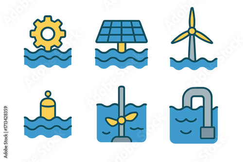 Renewable marine energy icon set. Flat vector cartoon illustration of sustainable power sources. Wave, tidal, offshore wind, and floating solar technology symbols. Green energy.
