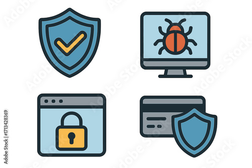 Online security and cyber protection icon set. Vector symbols for internet safety, data privacy, malware detection, secure connection, and financial transaction protection.