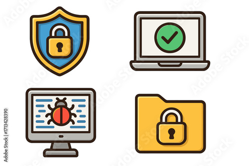 Security icon set representing online protection and cybersecurity. Vector illustration of digital threats, data privacy, antivirus shield, padlock, and virus scan concepts.