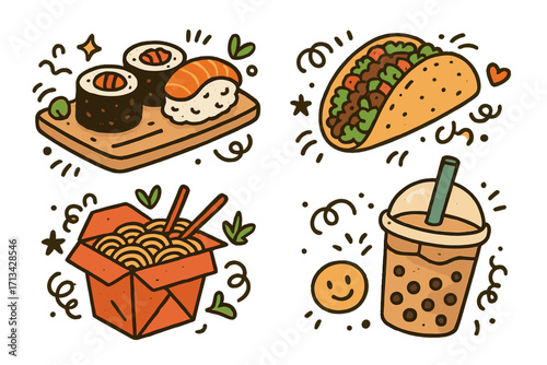 Street food set with sushi, tacos, noodles, bubble tea. Cute cartoon doodle vector illustration collection. Asian and Mexican cuisine icons. Fun fast food graphic elements.