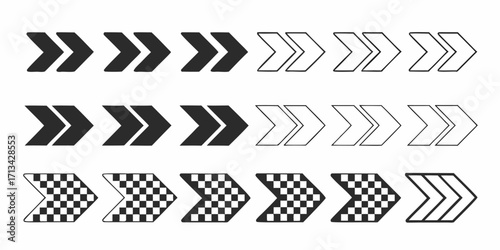 Three rows of double chevron arrows pointing right in solid outline and checkered patterns aligned | editable eps vectors silhouette